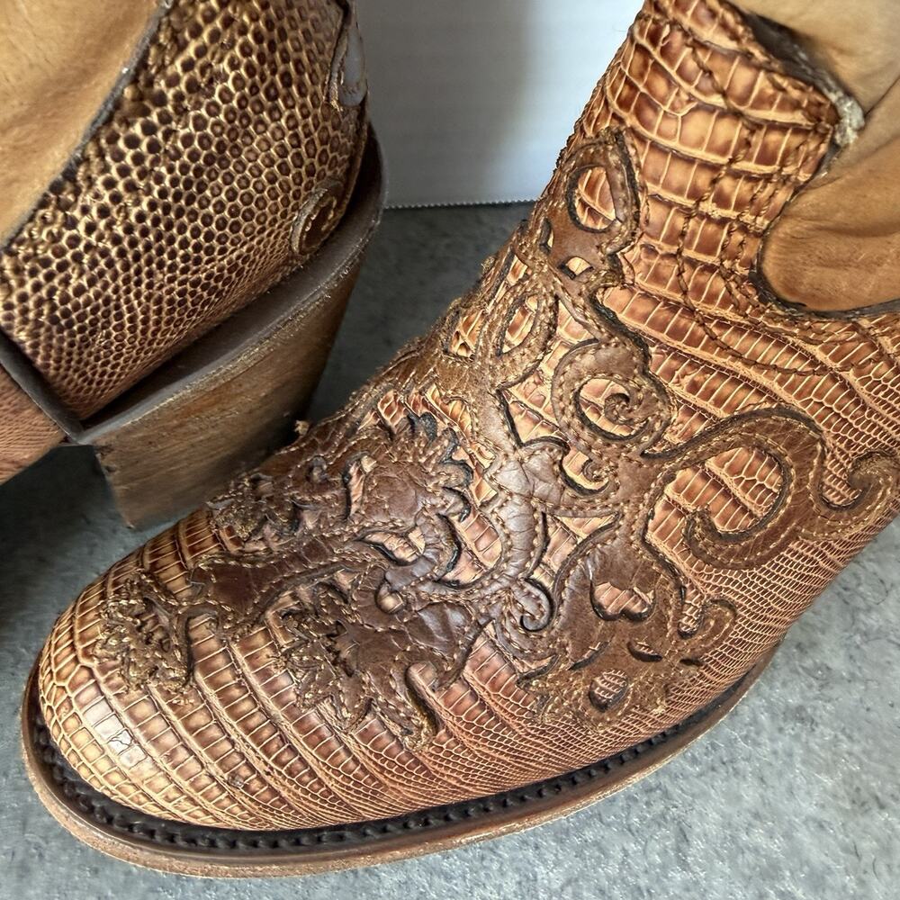 Cuadra Genuine Teju Lizard Cowboy Boots Women Brown Scroll Overlay Size 8 - Picture 5 of 11